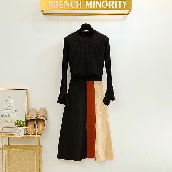 

two piece dress sweater suits autumn winter retro elegant skirt two-piece suit female fashion plus size a-line skirts, White