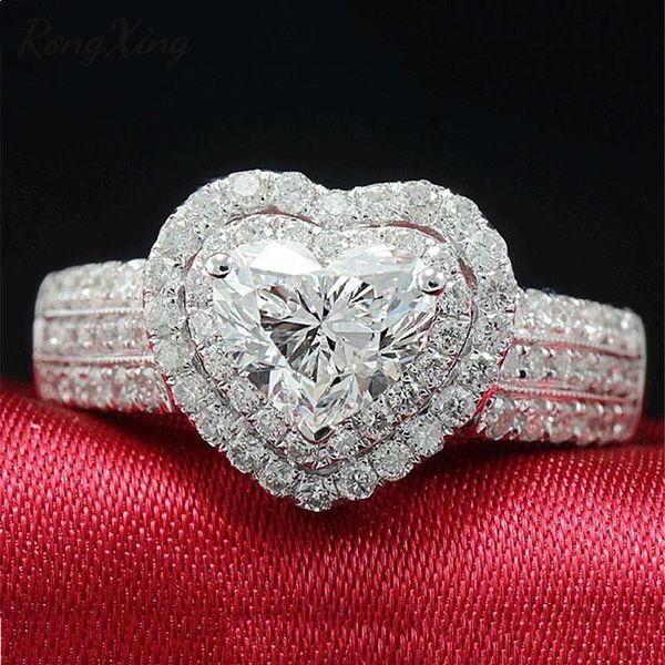 

wedding rings rongxing double layer crystal zircon love heart engagement for women silver color white cz stone ring jewelry, Slivery;golden