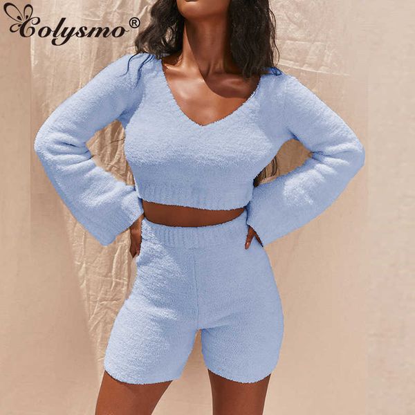 

colysmo autumn two piece set women lonng flare sleeve pullover shorts 2 outfits womens loungewear blue 210527, White
