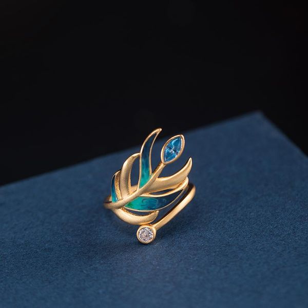 

cluster rings vla 925 sterling silver fashion creative peacock feather ring women's national style personalized design hand jewelry, Golden;silver