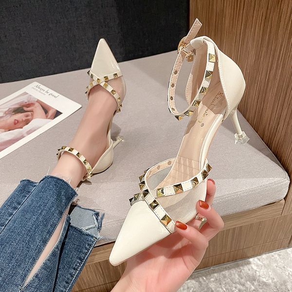 

luxury dress shoes 2021 summer hollow mh splicing sandals korean version one line buckle rivet pointed super fiber high heel's sho, Black
