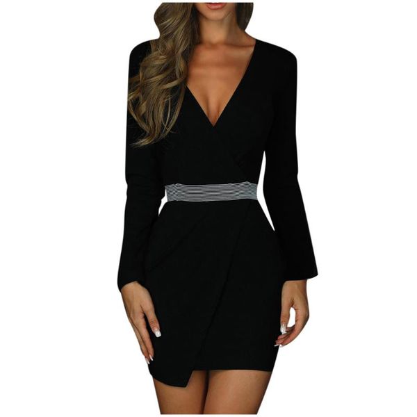 

casual dresses for women v-neck long sleeve cross overlap hem mini work dress office lady fashion, Black;gray