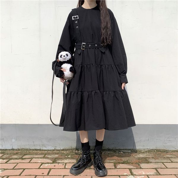 

japanese harajuku female black midi gothic style punk suspenders bandage vintage dress frilly long baggy cosplay costume ai27, Black;gray