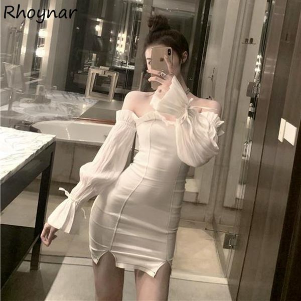 

casual dresses long puff sleeve dress women pure color ruffles mini slash neck summer empire tunic slim tender design femme chic, Black;gray