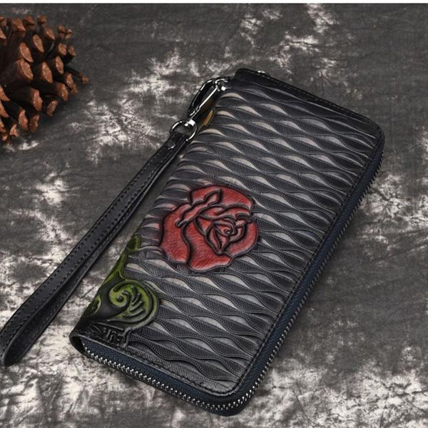 

wallets real cowhide women long wallet money handy bag id card holder leisure embossed retro genuine leather clutch wrist bags purse, Red;black