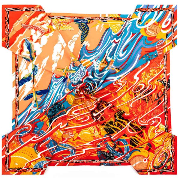 

70% off design scarf new hand crimped silk women's 90cm twill square stripe landscape printed shawl head, Black;purple