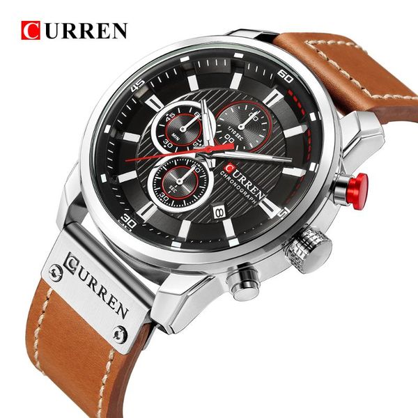 

wristwatches curren 8291 men chronograph leather sports watches men's army military watch waterproof clock relogio masculino, Slivery;brown