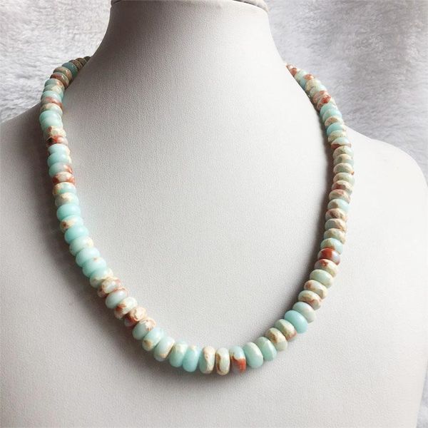 

chains 5*8mm blood blue snake skin sea turquoises natural stone necklace oval bead fashion jewelry gift for mother daughter sister, Silver