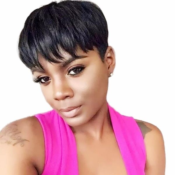 

human hair machine short pixie cut wig ladies black none lace front wigs for women african style, Black;brown
