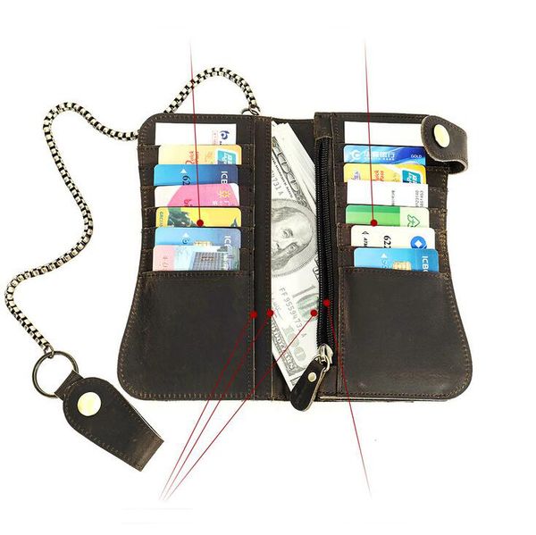 

wholesale men's crazy horse leather long wallets retro anti-theft chain wallet multi-card card holder purse 1219