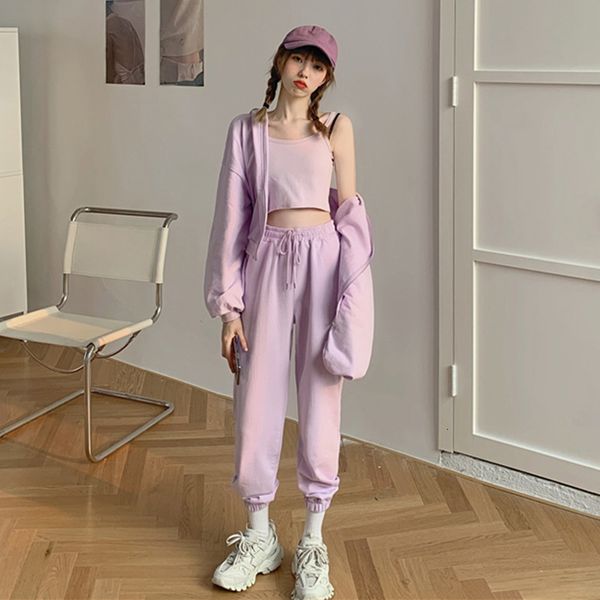 

2021 new spring summer sport set women clothing tracksuit lilac pants+camisole crop hooded jacket 3 pcs suit hoodies sweatshirt 5kpt, White;black