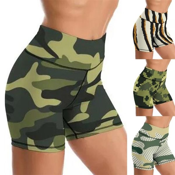 

women's leopard camouflage stripe printing hip lifting fitness casual shorts yoga pants, Black