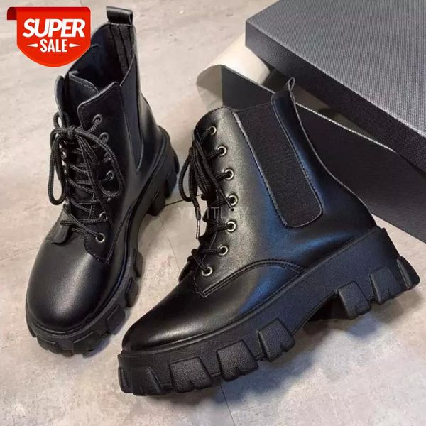 

fashion casual shoes women's ladies ankle boots motorcycle platform increase botines botas de mujer lace-up round toe #sq1z, Black