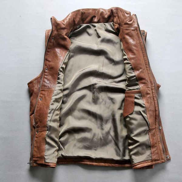 

winter 2021 men's genuine leather vest with pockets sheepskin cotton for men stand collar brown sleeveless jacket & faux, Black