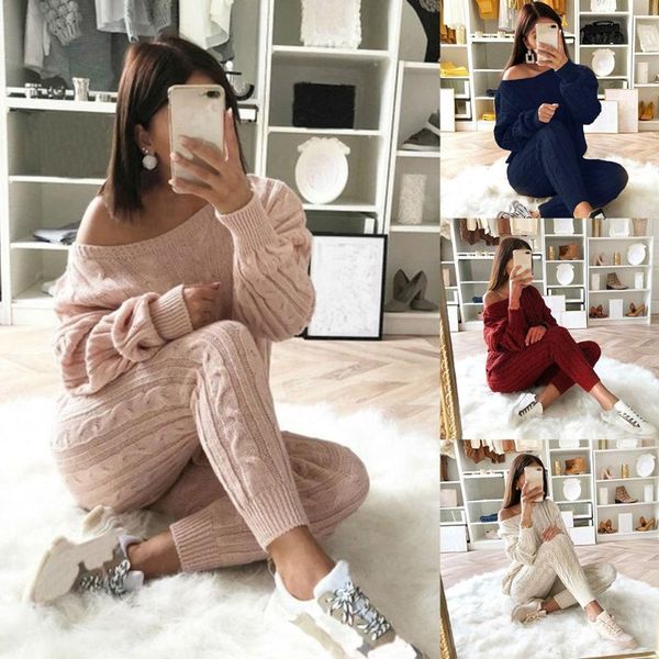 

two piece dress 2 set knitted christmas sweater women outfit solid color autumn winter ladies o neck pullover +pants outfits, White