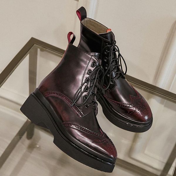 

womens genuine leather chunky heel platform kace up ankle boots carving british style female comfortable short booties shoes boots for z1pw#, Black