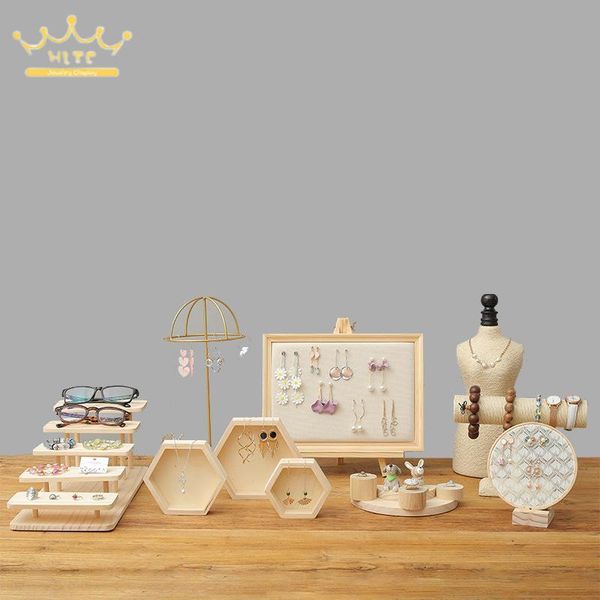 

jewelry pouches, bags creative solid wood display stand bracelet necklace storage rack set, Pink;blue