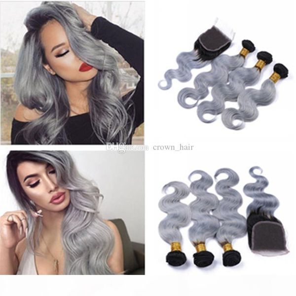 

#1b grey peruvian virgin hair bundles with lace closure sliver grey two tone hair weaves with middle part closure 4 pcs lot, Black