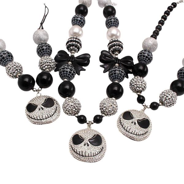 

girls necklaces pendants jewelry childrens accessories halloween children's set diamond skull large beaded b9253, Red;brown