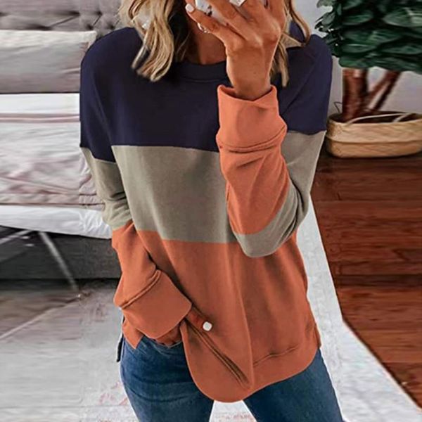 

women's t-shirt spring autumn long-sleeved casual loose sweater european and american fashion stitching hit color round neck top, White