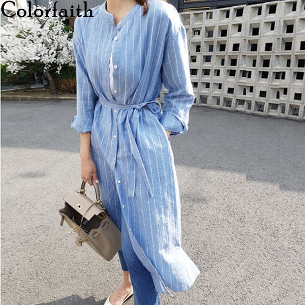 

colorfith new 2021 women summer shirt dress csul striped loose stnd collr split lce up cotton nd linen long dress dr880, Black;gray