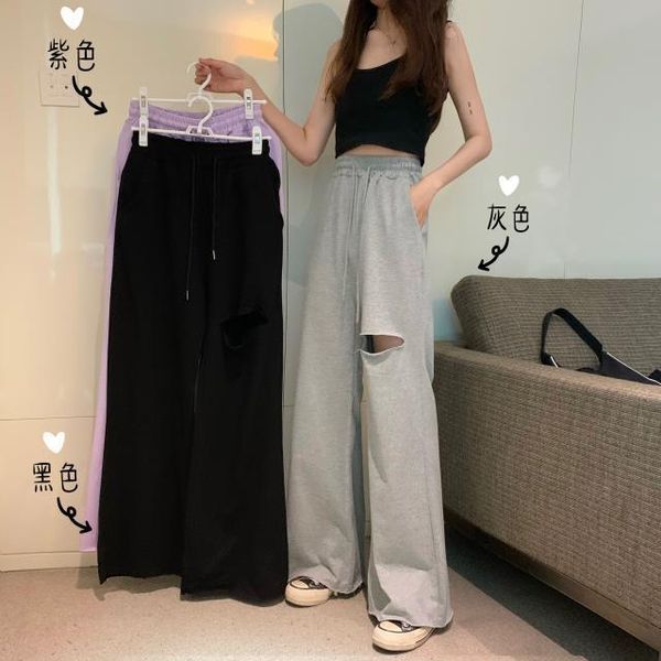 

women's pants & capris summer korean style 2021 ins hole mopping black drape casual wide leg fashion, Black;white