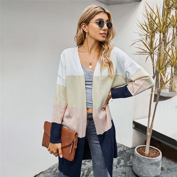 

autumn winter long cardigans casual patchwork color pockets knitted sweater for women 2021 new g88e, White;black