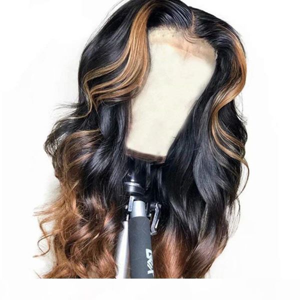 

highlights full lace human hair wigs body wavy ombre lace front wig brazilian virgin human hairs pre plucked natural hairline 150% density, Black;brown