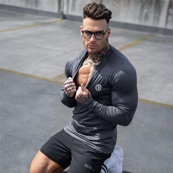 

zipper neck fitness black men long sleeve gym sport rashgard running t shirt bodybuilding tees jogging, White;black