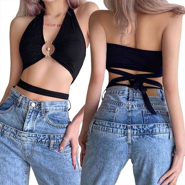 

4 colors summer sling women tank floral lace up short skinny backless vests solid low chest, White