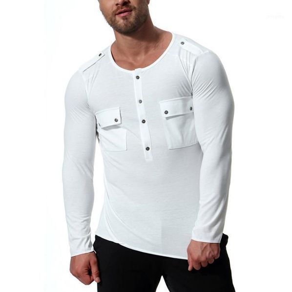 

men's t-shirts arrival cotton long sleeve tshirts men round neck double pockets white tees fashion comfortable t-shirt us size, White;black
