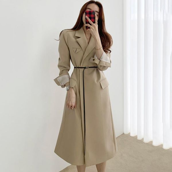 

autumn women long trench vintage turn-down collar black/khaki coat casual solid color loose ladies overcoat korean windbreaker, Tan;black