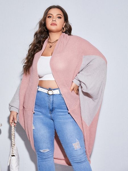 

plus color block dolman sleeve cardigan e603#, Black