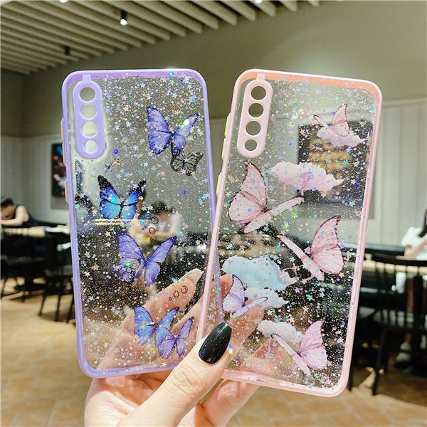 Custodie per cellulari con glitter color caramella farfalla per iPhone 11 Pro XR XS Max 7 8 Plus X Custodia rigida per PC rigida in TPU regalo A71 A42 A52 A72 S30