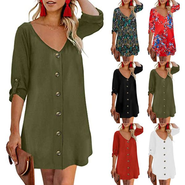 

summer v-neck button down 5 / s print short dress for women, Black;gray