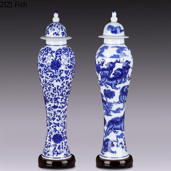 

vases vintage blue and white porcelain home ceramic vase with lid art crafts decor creative slender floral flower decoration