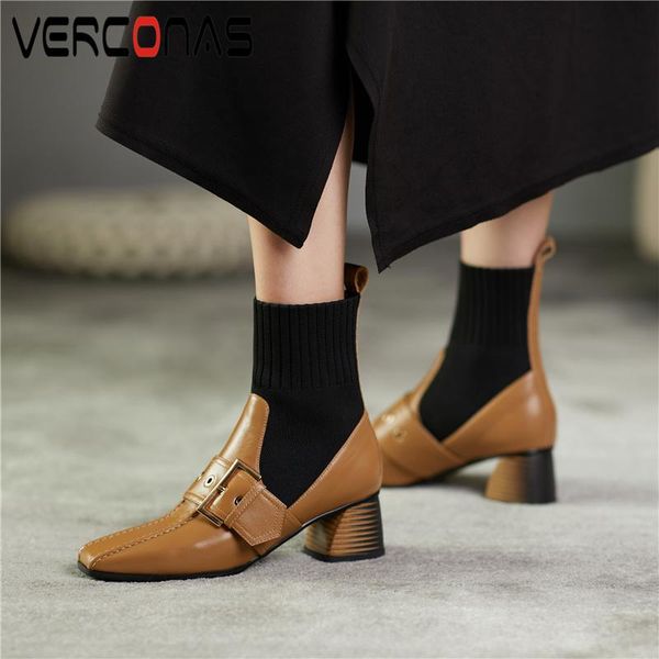

boots verconas autumn winter women ankle rivets buckle fashion casual genuine leather thick heels knitting slim short, Black