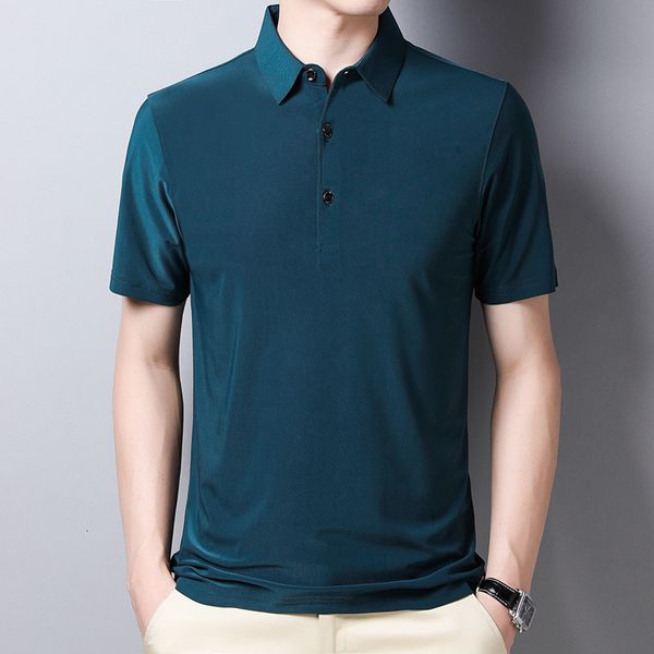 

en's middle aged solid color lapel ice silk short sleeve t-shirt, White;black