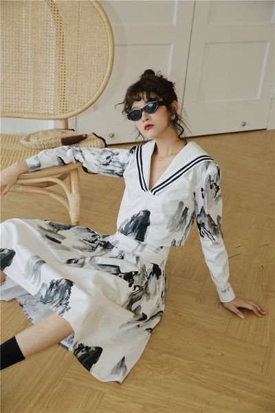 

2021 new ink wash painting long sleeve women sailor collar white crop blouse aesthetic clothes vintage soft girl qat1