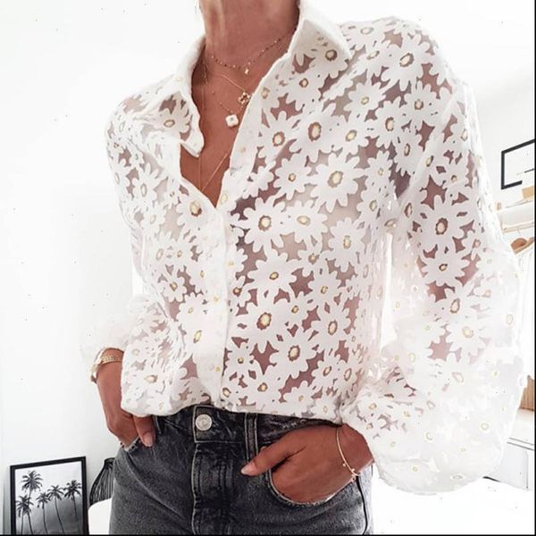 

fashion office flower blouse see through spring autumn women shirts elegant white dating clothing long sleeve blouses sexy