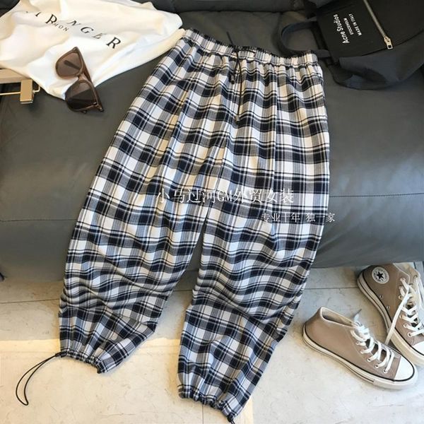 

women's pants & capris retro plaid high waist 2021 summer loose-fit pumping rope beam foot drape straight-cut casual, Black;white