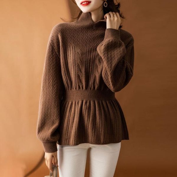 

women's sweaters autumn ladies pullovers hollow waist slimming half-open stand collar lantern long-sleeved wool sweater women elegant f, White;black