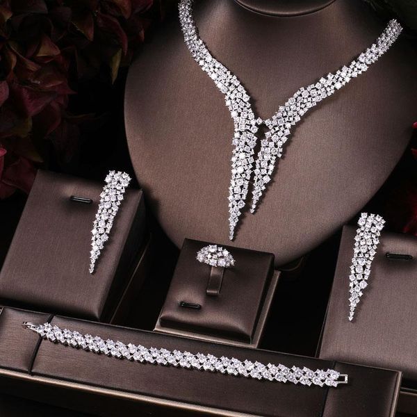 

wedding jewelry sets white gold-color luxury sparking brilliant cubic zircon drop earring necklace sst bridal, Slivery;golden