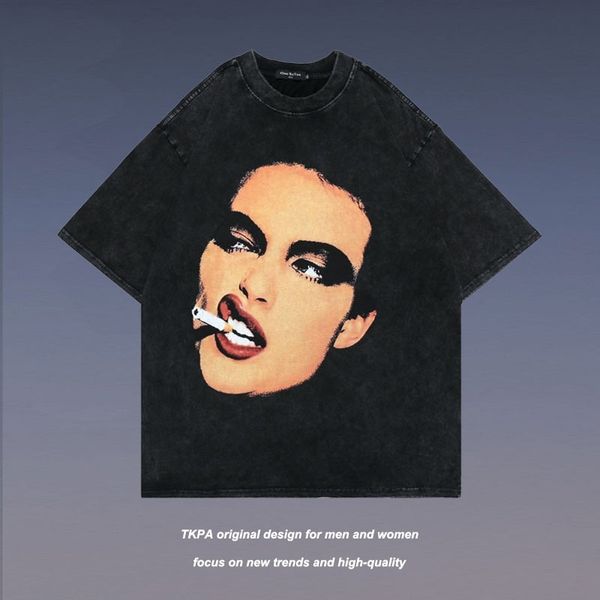 

tkpa street hip hop short sleeve t-shirt men and women american character printing wash personality fashion brand loose couple, White;black