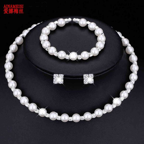 

jewelry sets ainameisi fashion wedding prom bridal pearl for women silver plated crystal necklace earrings bracelet set, Black