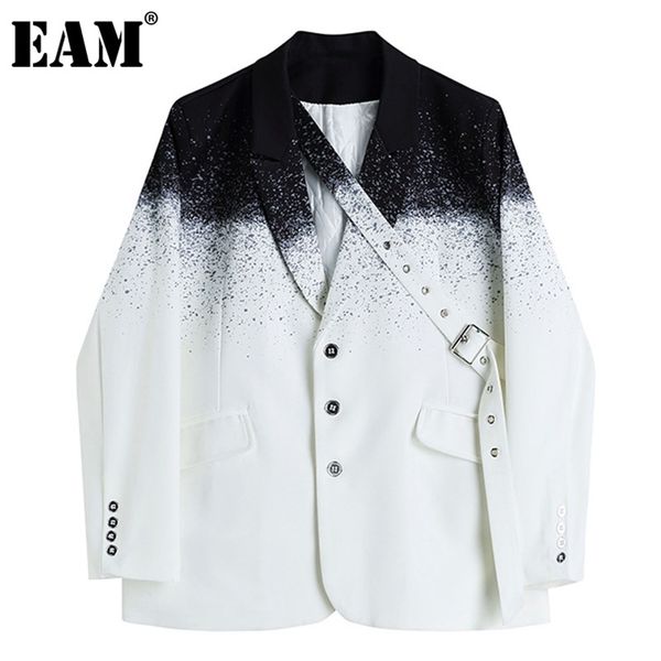

[eam] women casual gradient spliced belt blazer lapel long sleeve loose fit jacket fashion spring autumn 1dd8788 211019, White;black