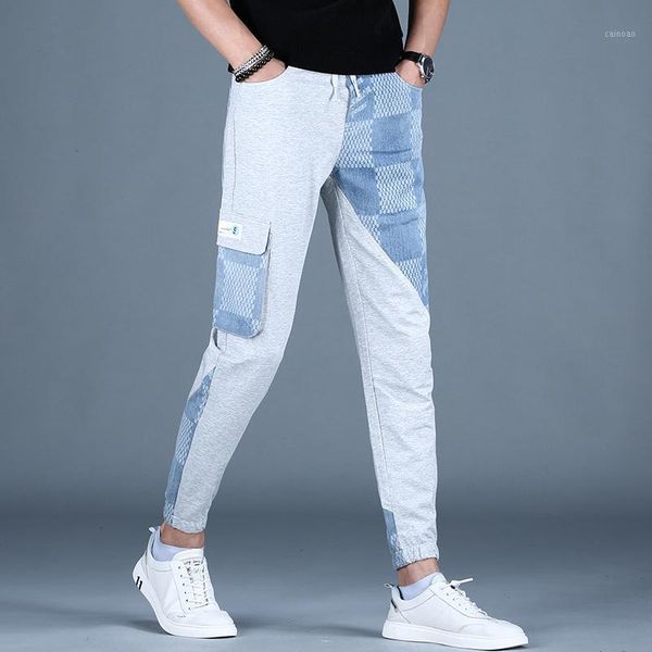 

men's pants men joggers sweatpants 2021 summer fashion plaid pencil mens casual side pocket gray slim sport trousers, Black