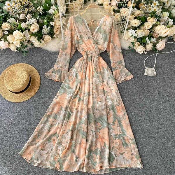 

bohomian floral long dress for women v-neck flower printed high waist flare sleeve vestidos casual a-line autumn robe 2020 y0603, Black;gray