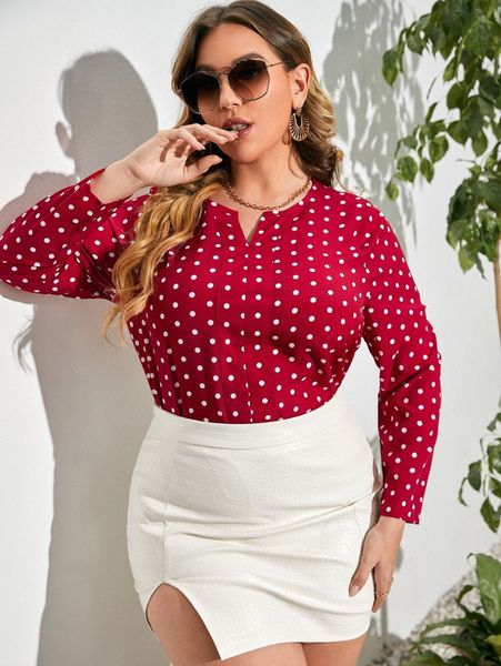 

plus polka dot print notched neckline blouse v4xf#, Black