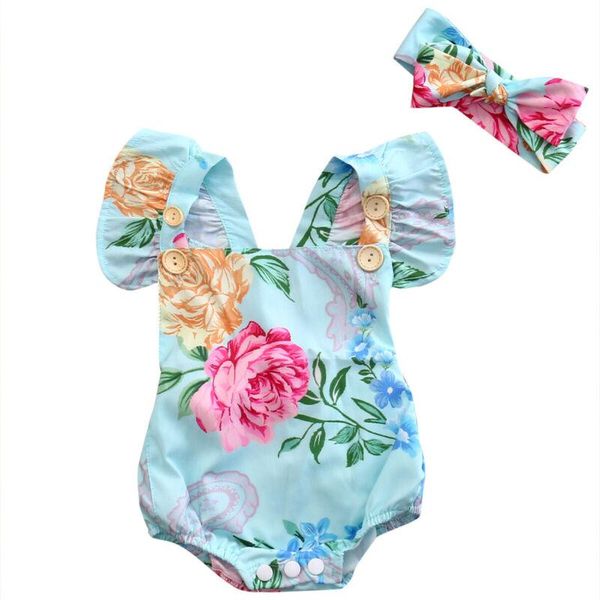 

newborn baby girl clothes floral sleeveless cotton romper jumpsuit headband outfits sunsuit, Blue